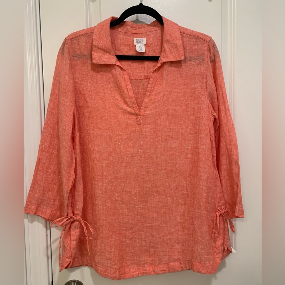 Sigrid Olsen Coral 100% Linen Tunic with 3/4 Sleeves and Tie Front Size Small